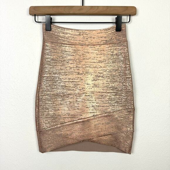 BCBGMaxazria | NWT Silvie Rose Gold Metallic Foil Body-con Bandage Mini Skirt - Picture 3 of 8
